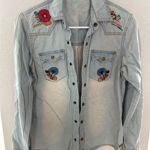 Embroidered Denim Shirt with Floral Accents
